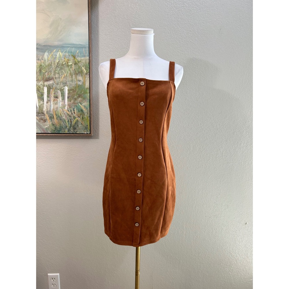 Iris Brown Faux Suede Button Down Mini Dress Square Neck Size L